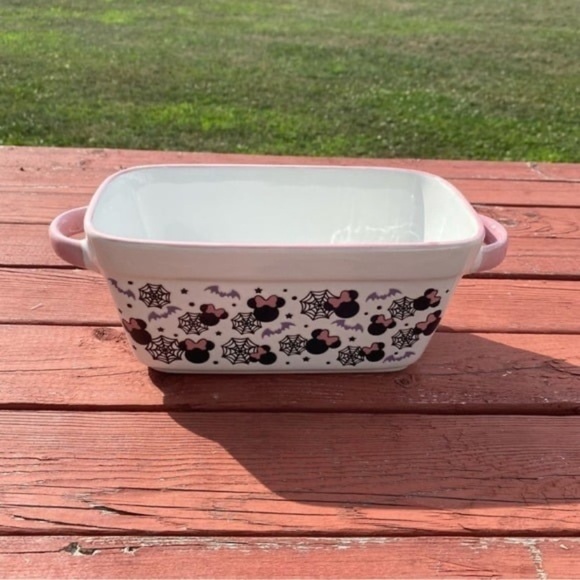 Disney Minnie Mouse Baking Dish NEW Halloween Spider Web Pink Handles Loaf Bread - Picture 6 of 7